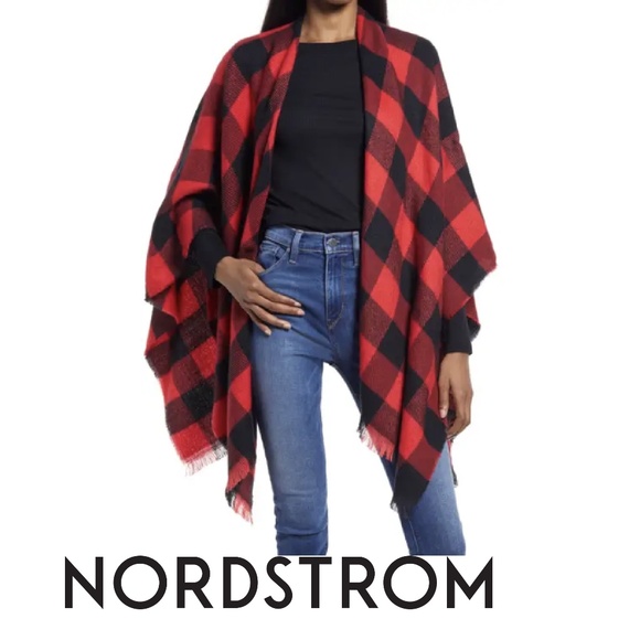 Treasure & Bond Jackets & Blazers - Treasure & Bond Red Plaid Ruana Poncho Wrap